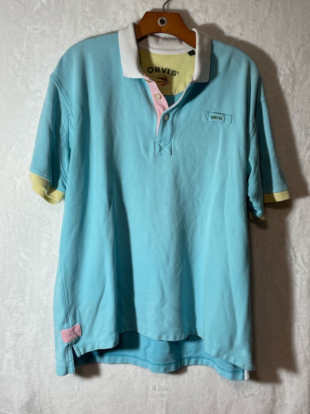Orvis Men's Aqua Polo with White Collar and Yellow Sleeve Trim